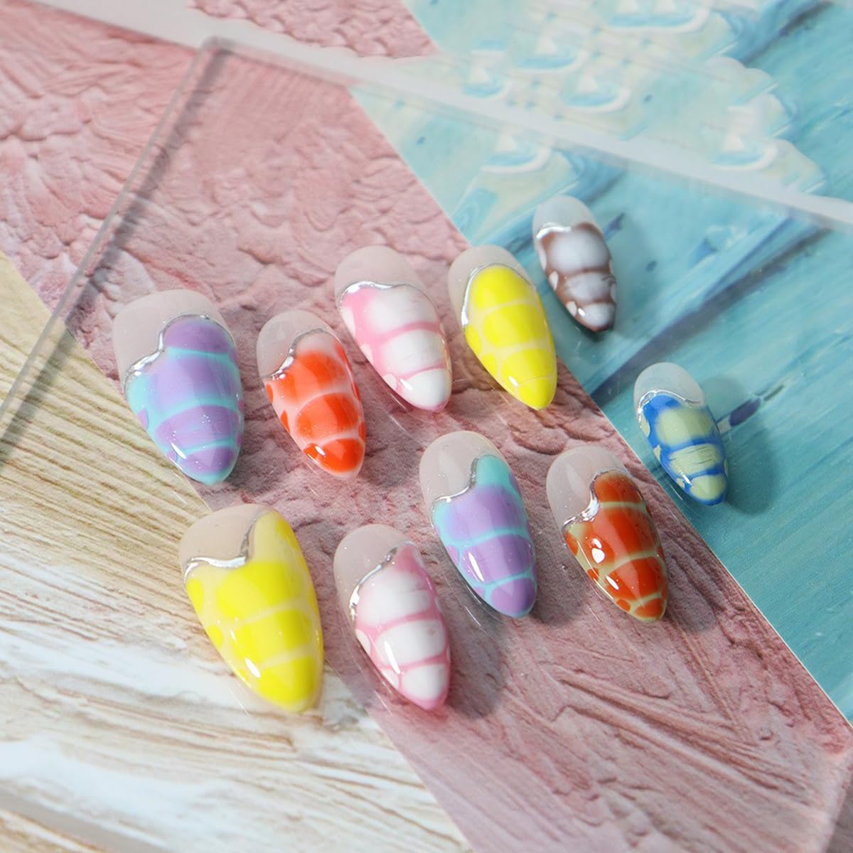 3D Blue Almond Press-On Nails with Carved Flower & Bubble Pearl - Handmade Acrylic Manicure, Medium Size