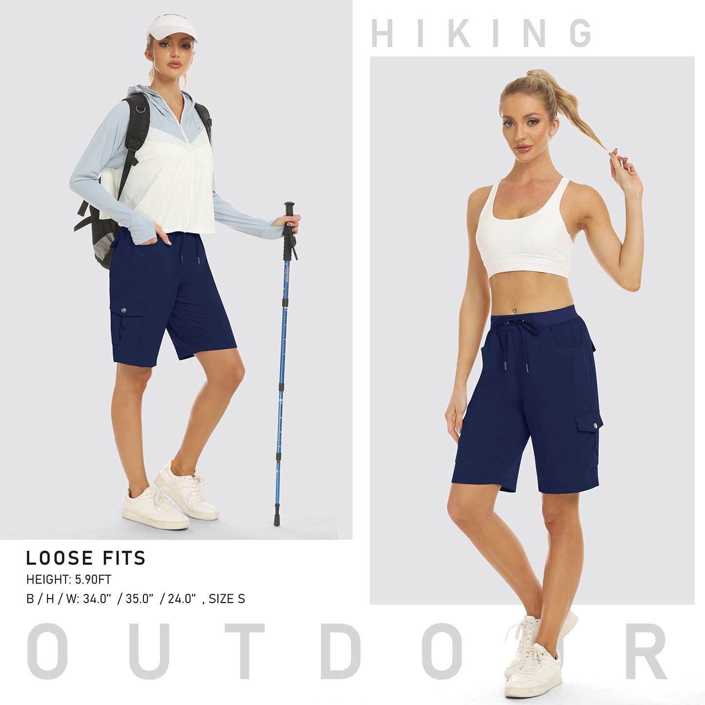 MoFiz Women's 10" Hiking Cargo Shorts Stretch Active Running Long Shorts Quick Dry Outdoor Running Summer Shorts with Pockets Navy L