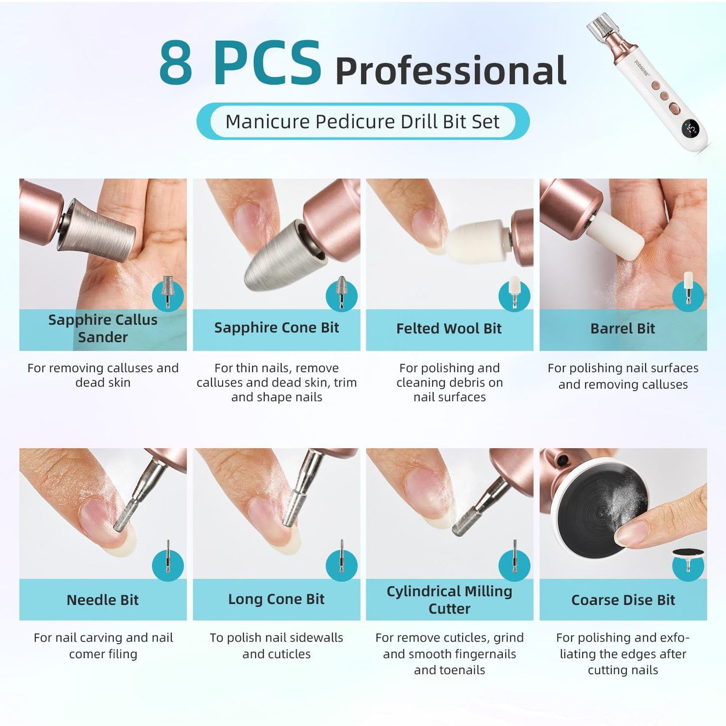 JODSONE Professional Manicure Pedicure Set with 8 Replacement Bits LED 15 Speed Display Multifunctional Rechargeable Cordless Nail Toenail Drill Rose Gold