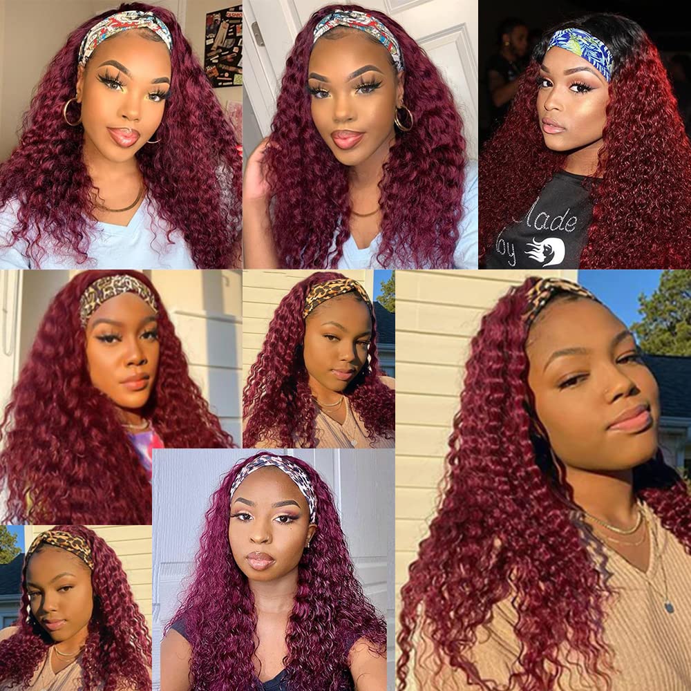 Ombre 1B99J Deep Wave Headband Wig Burgundy Human Hair Wig Dark Root 130% Density Brazilian Virgin Hair Machine Made Wigs for Women Wine Red Color 14 Inch