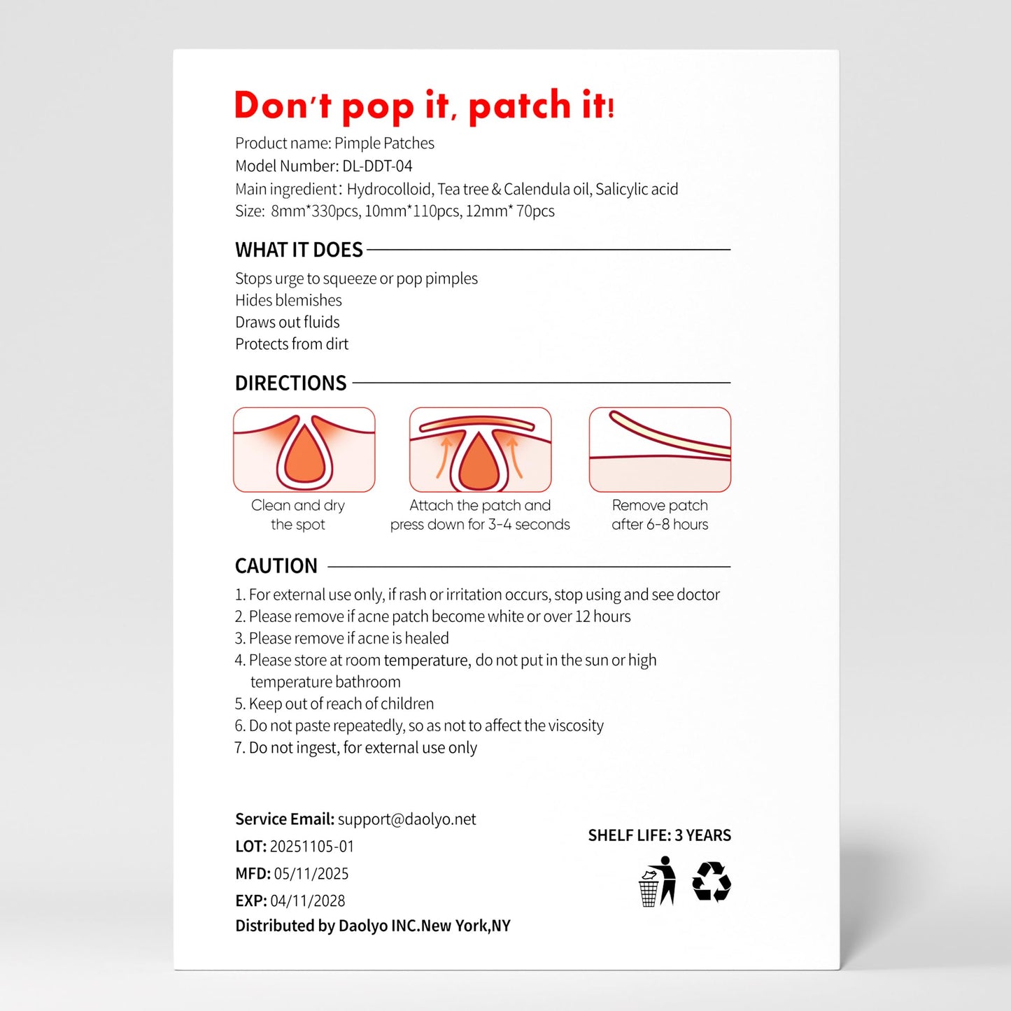 Daolyo Pimple Patches for Face - 3 Size 510 Counts Hydrocolloid Acne Patches for Covering Zits and Blemishes, Spot Stickers with Salicylic Acid, Tea Tree Oil & Calendula Oil(8mm,10mm,12mm)
