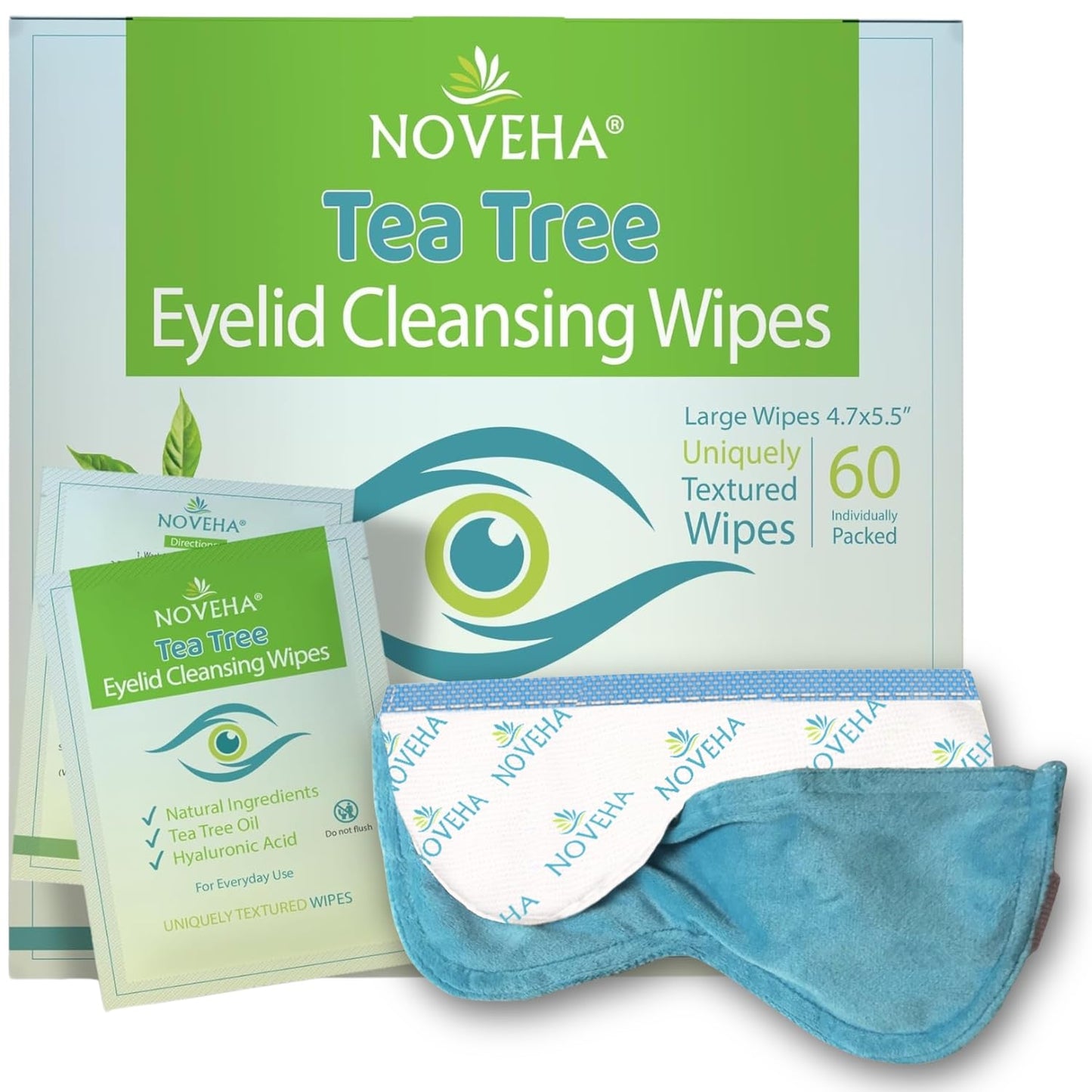 NOVEHA Eye Comfort Set – Tea Tree Oil Wipes (60pcs) + Warm Compress Mask | Daily Cleansing & Moist Heat Mask for Tired Eyes