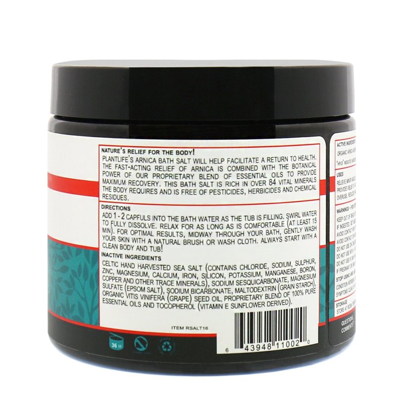 Plantlife Arnica Relieve Mineral Bath Salts - Made with Arnica and 100% Pure Essential Oils - Relieve Products are a Homeopathic Solution for Everyday Use - Works Quickly and Effectively - 16 oz