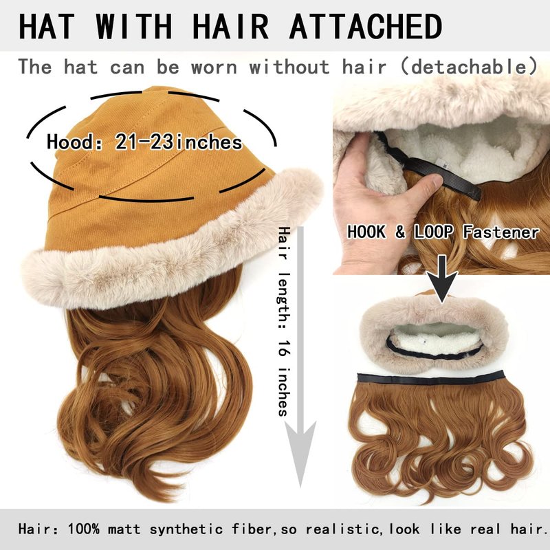 NOOFNO Winter Plush Warm Hat With Detachable Hair Extensions for Women (Hair: Honey Blonde/Hat: Black)
