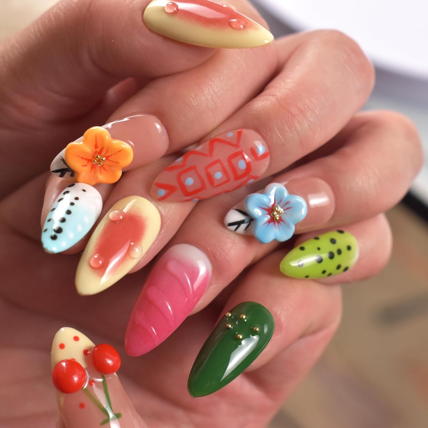 3D Blue Almond Press-On Nails with Carved Flower & Bubble Pearl - Handmade Acrylic Manicure, Medium Size