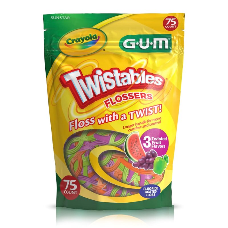GUM Crayola Twistables Kids Flossers - Fun Fruit Flavors, Easy-to-Use Dental Picks | 75 Count for Ages 3+
