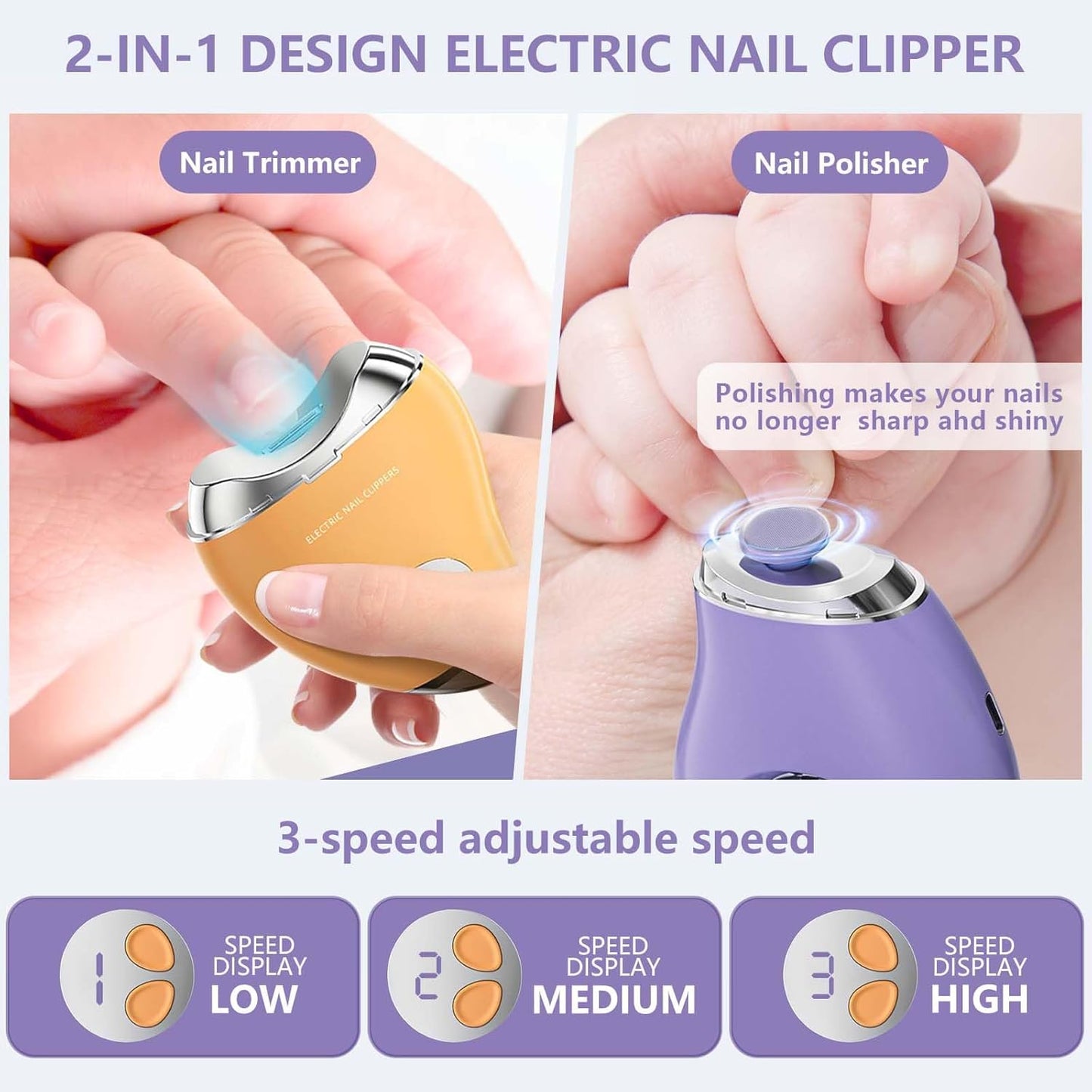 Type-C Electric Nail File with LED Light – 3 Speed Nail Polisher & Safe Clippers for All Ages