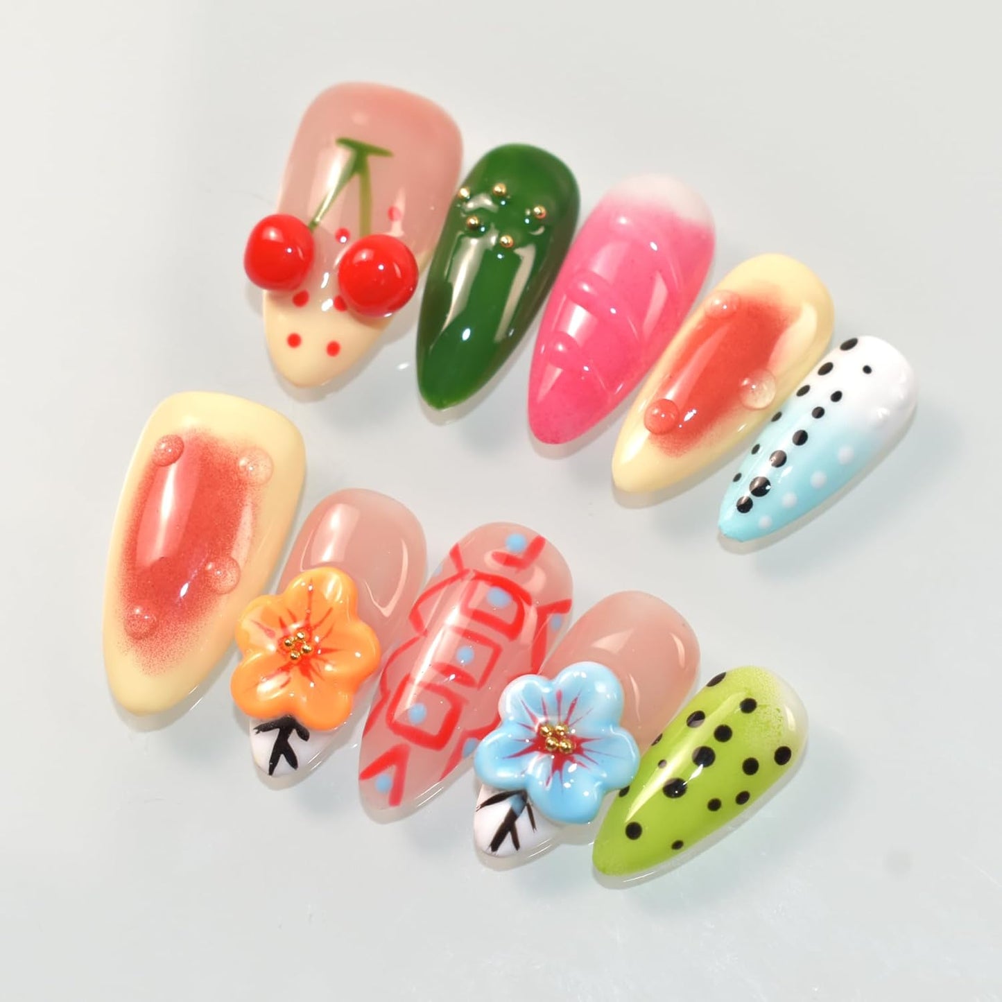 3D Blue Almond Press-On Nails with Carved Flower & Bubble Pearl - Handmade Acrylic Manicure, Medium Size