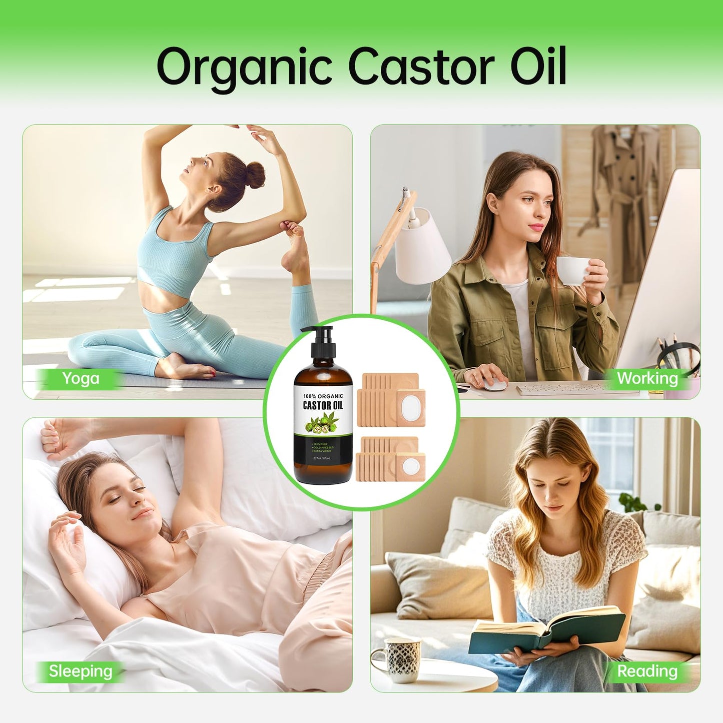 Castor Oil Patches Kit 30 Pack, With 8 oz Organic Cold Pressed Castor Oils, Comfortable Organic Cotton Castor Oil Pack Wrap for Stomach, Belly Button and Liver Detox Ect, Easy of Use and Hygienic