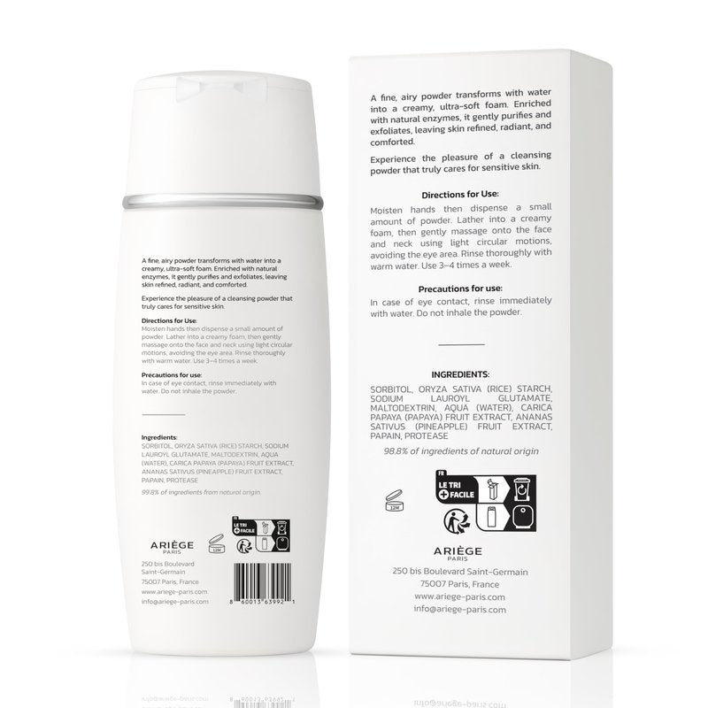 ARIGE PARIS Gentle Face Cleanser Enzyme Powder Face Wash, Rice Cleanser and Rice Exfoliator for Face, Water-Activated Travel Face Wash, 99.8 Percent Natural, Made in France