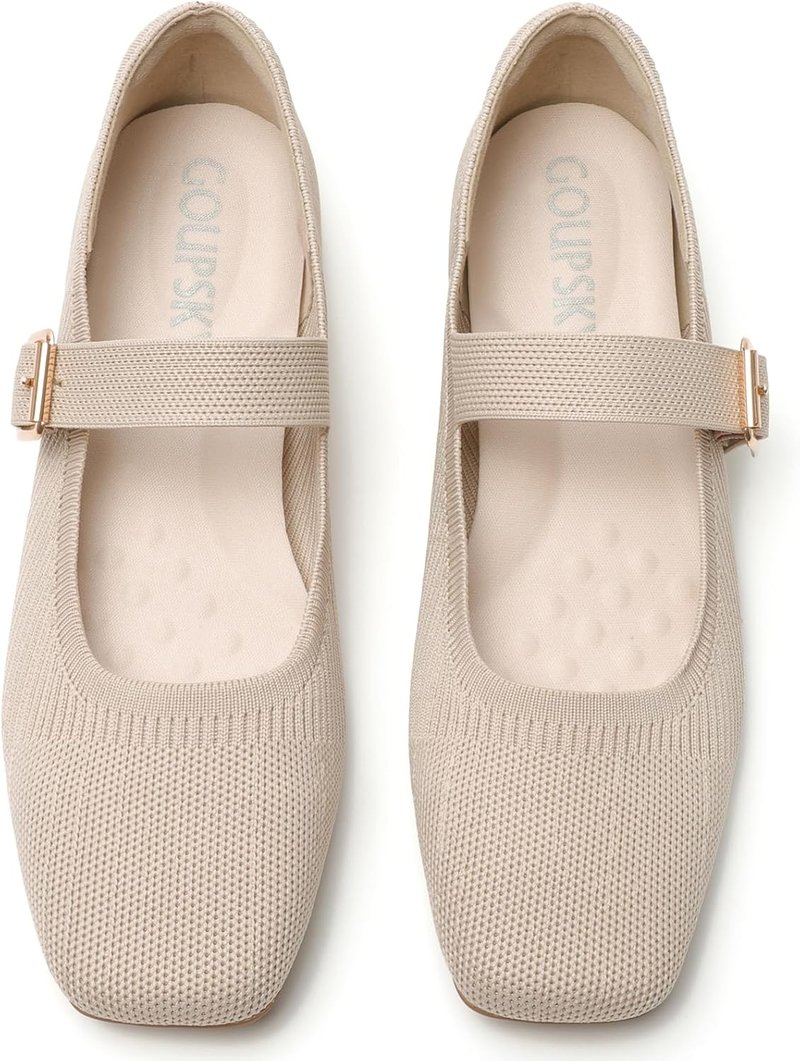 Knit Flats for Women - Square Toe Slip-On Casual Ballet Shoes | Adjustable Strap, Soft & Foldable Mary Jane Design