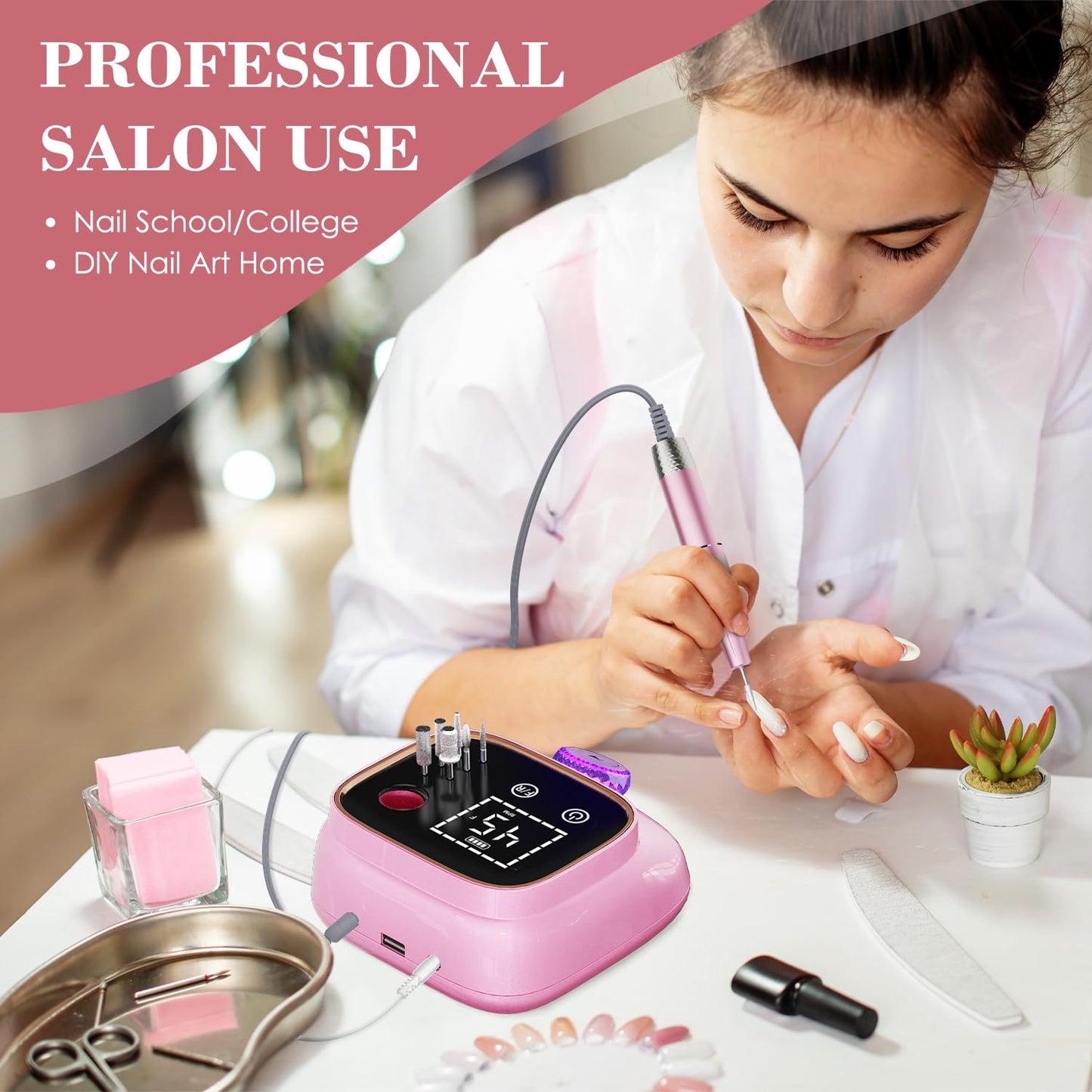 ANBEISTEE Electric Nail Drill 45000 RPM, Professional Rechargeable Nail File Kit, Nail Drill Machine, Nail Grinder, Acrylic Nail Kit for Any Manicure, Pedicure, Gel Polishing Removing, Pink