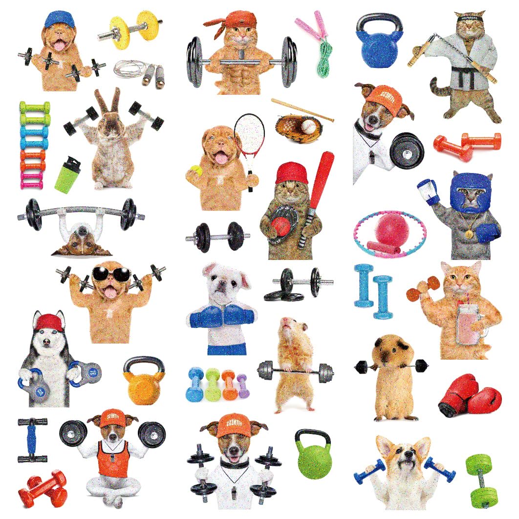 Oottati 12 Sheets Waterproof Temporary Tattoos Stickers Small Cute Animal Loves To Gym Cat Dog Mouse Keep Fit Boxing Jumping Weightlifting Dumbbell Kettlebell Rope Suit For Kids And Adults