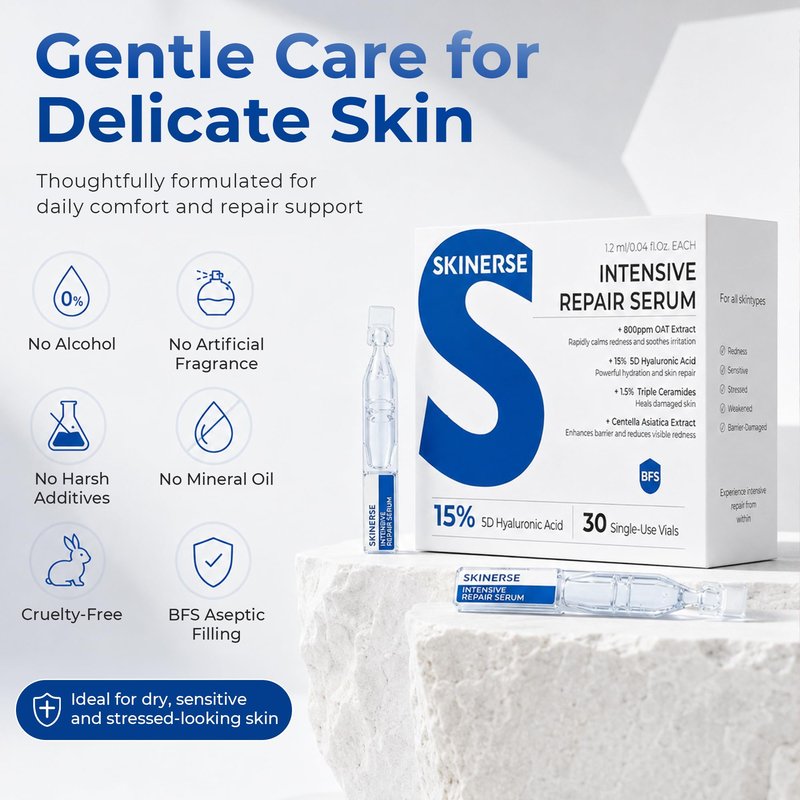 SKINERSE Intensive Repair Serum, 15%Hyaluronic Acid for Sensitive Skin Anti Aging Ultra Hydrating Serum for Face Calming Barrier Repair Redness Relief with Ceramides Centella 30Vials Daily Travel Care