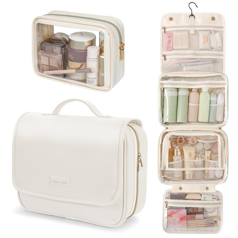 PACKISM Hanging Travel Toiletry Bag - with Clear Makeup Bag, Large Beige