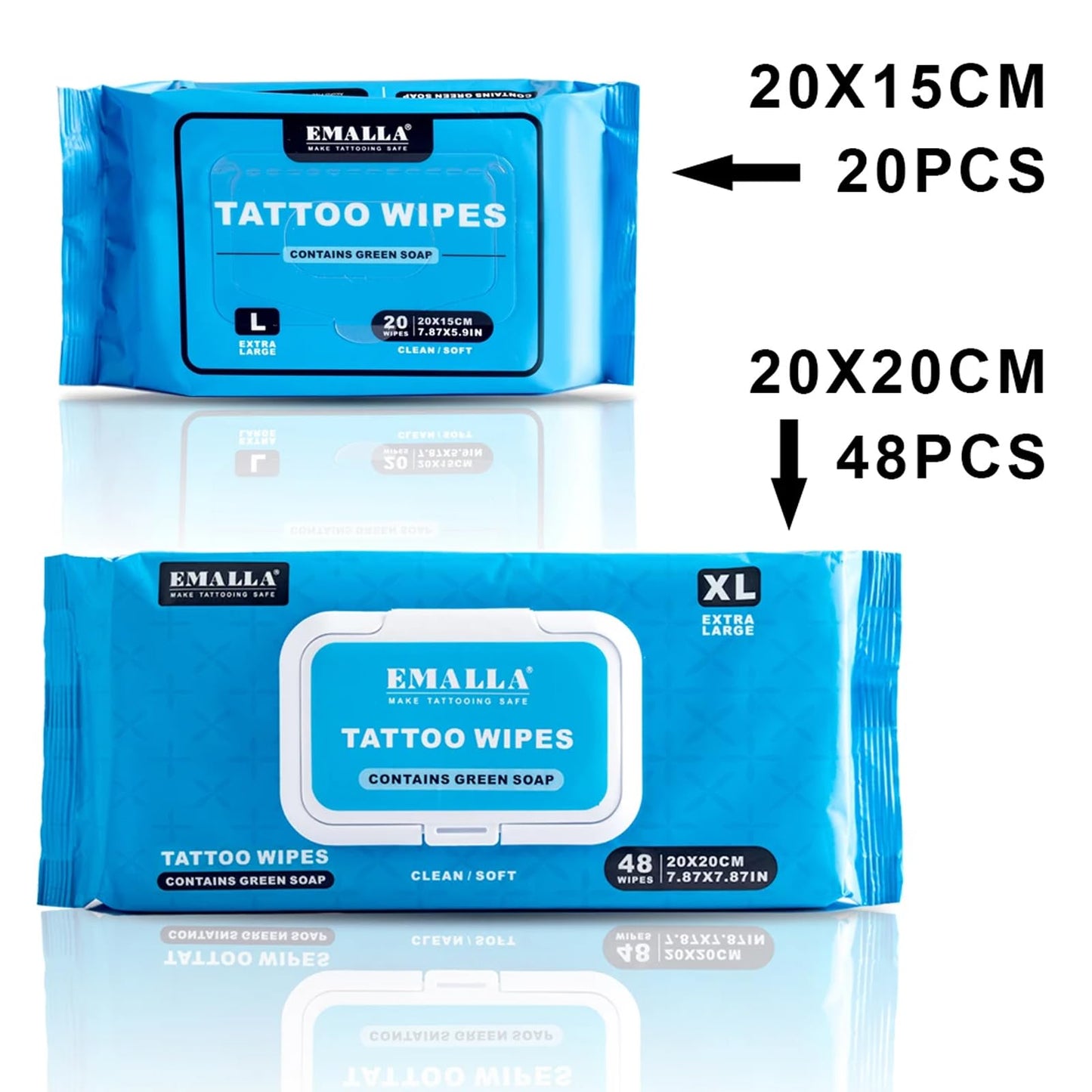 Emalla Green Soap Tattoo Wipes, 192 Count XL All in One Premium Tattoo Cleaning Wipes to Clean Skin During Tattooing and Aftercare 7.87"x7.87" Natural Formula Tattoo Supplies (4 Pack)