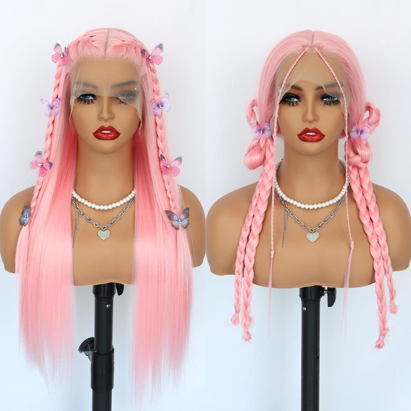 Oxeely Light Pink Synthetic Lace Front Wigs Long Straight Hair Pink Lace Wigs Natural Hairline Pre Plucked Glueless Synthetic Lace Wigs Heat Resistant Fiber Hair Light Pink Wigs for Women Daily Wear