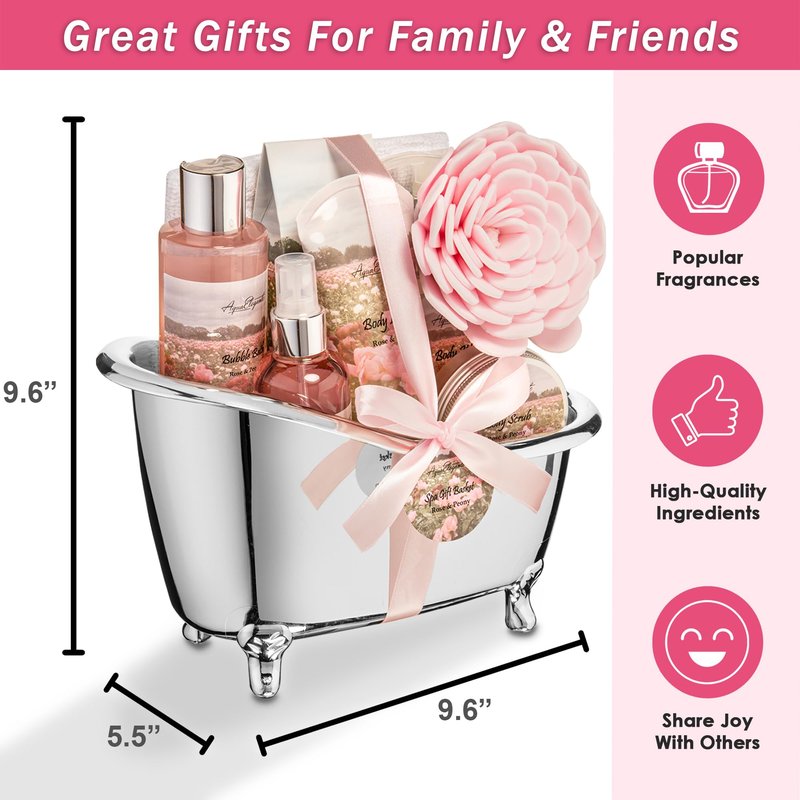 Aqua Elegante Spa Gift Basket - Luxury Bath Set with Body Wash, Bubble Bath, Lotion, Salts, Scrub, Spray, Shower Puff, Towel, Gifts for Women, Mom, Wife, Her - Rose Oil & Peony