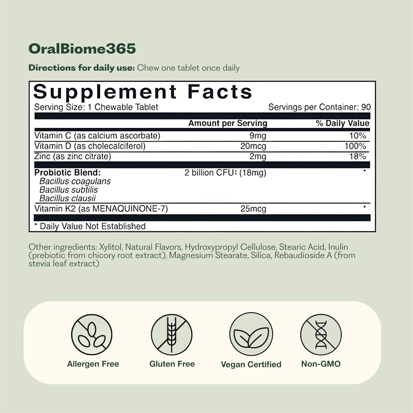 OralBiome 365 Chewable Oral Probiotics - Fresh Breath & Gut Health Support | Zinc & Vitamin C | Vanilla Mint, 90 Servings