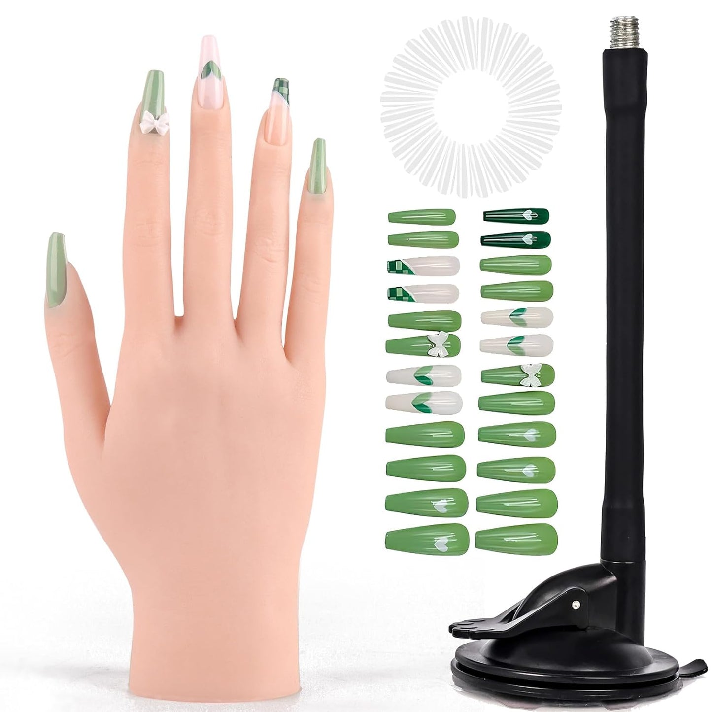 Flexible Silicone Practice Hand for Acrylic Nails with 528 Nail Tips & Stand