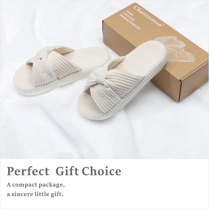 Chantomoo Slippers for Women Memory Foam House Bedroom Corduroy Bow Crossbands Slipper Shoes Comfy Trendy Gift Slippers Beige Size 9 10 8.5