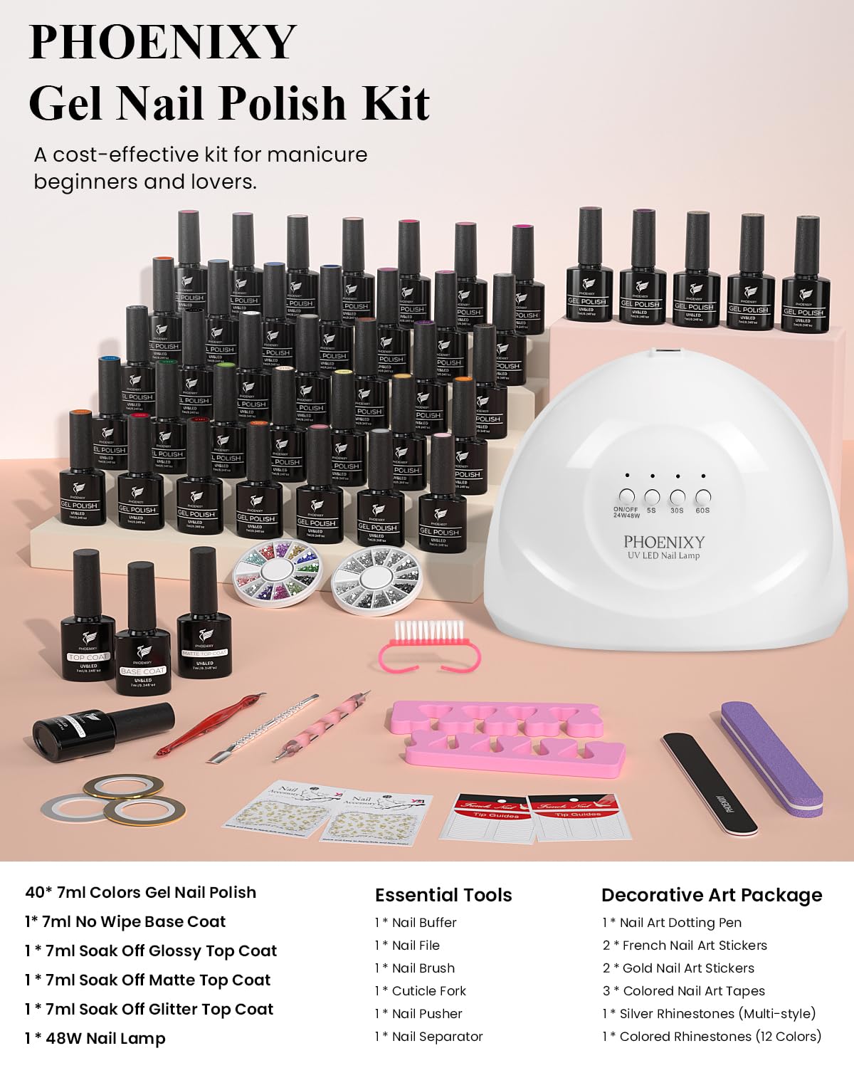 phoenixy 61 PCS Gel Nail Polish Kit with U V Light, 40 Colors Gel Nail Polish Set Manicure Starter Nail Kit Base Top Coat Gifts for Women