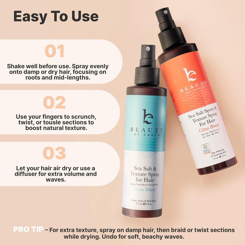 Beauty by Earth Sea Salt Spray - Aloe-Enhanced Beach Waves without Dryness, Texture & Volume Spray for All Hair Types, USA Made with Organic Ingredients, Ocean Waves Scent 6oz