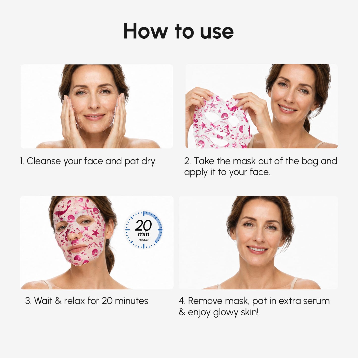 MAREE Collagen Facial Mask with Hyaluronic Acid — Sheet Face Mask Skincare — Centella Asiatica, Green & Red Algae Extract — Hydrating Facemask For Women Skin Care — Mascarillas Para La Cara — 12 Count