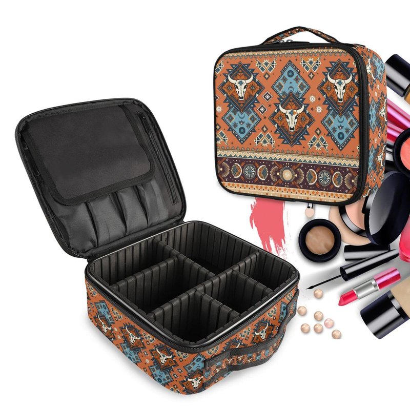 ALAZA Makeup Case Indian Tribal Aztec Ornament Geometric Pattern with Skulls Cosmetic Bag Organizer Travel Portable Storage Toiletry Bag Makeup Train Case with Adjustable Dividers for Women