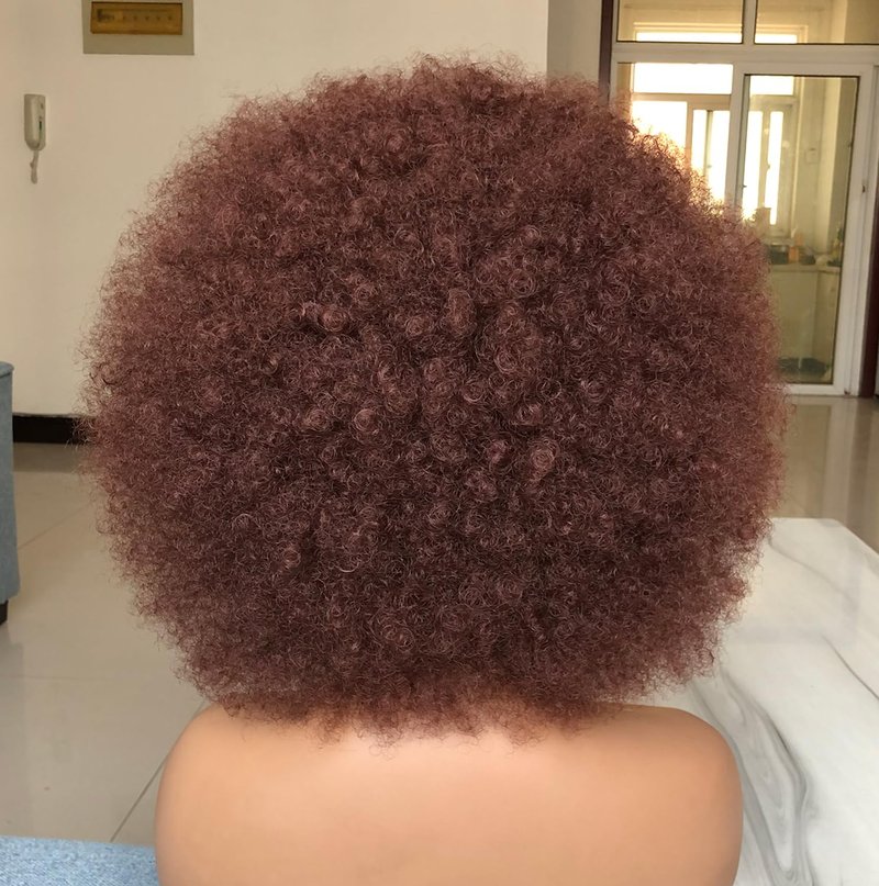 HIHOO Short Afro Wig with Bangs for Black Women Afro Kinky Curly Wig 70s Premium Synthetic Big Afro Wigs(Red Brown)