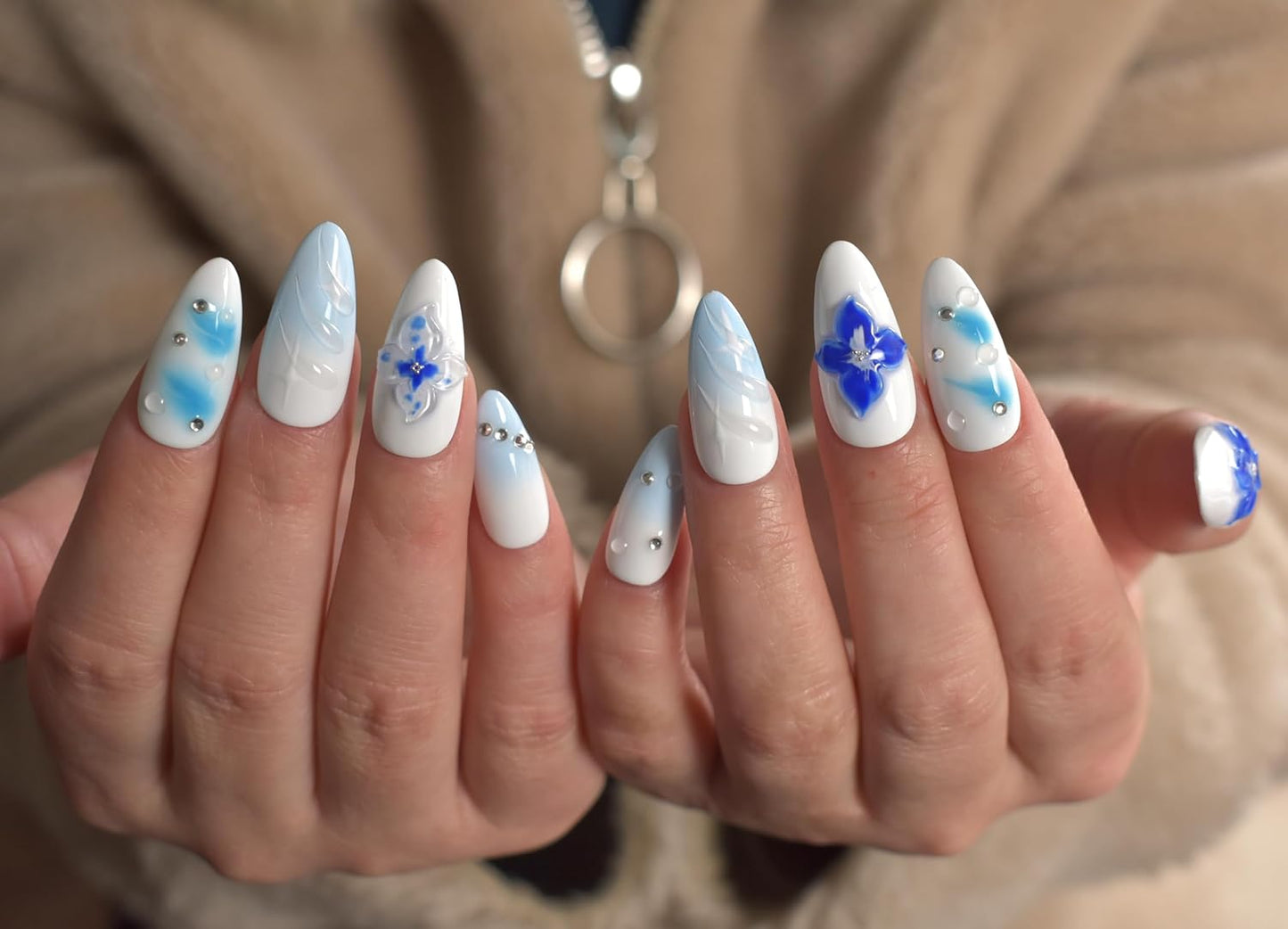 3D Blue Almond Press-On Nails with Carved Flower & Bubble Pearl - Handmade Acrylic Manicure, Medium Size