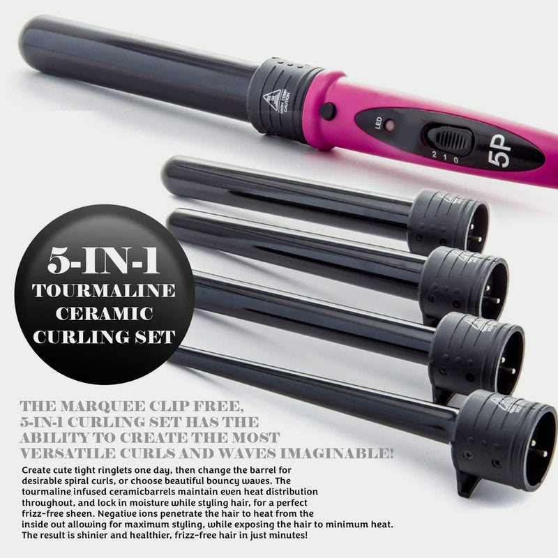 Marquee Beauty Professional Salon 8 Piece Flat And Curling Iron Set, 5 Interchangeable Ceramic Tourmaline Barrels, Heat Protectant Glove (Pink)