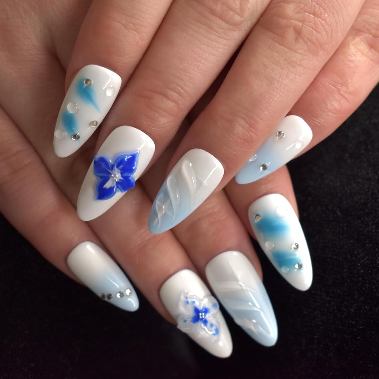 3D Blue Almond Press-On Nails with Carved Flower & Bubble Pearl - Handmade Acrylic Manicure, Medium Size
