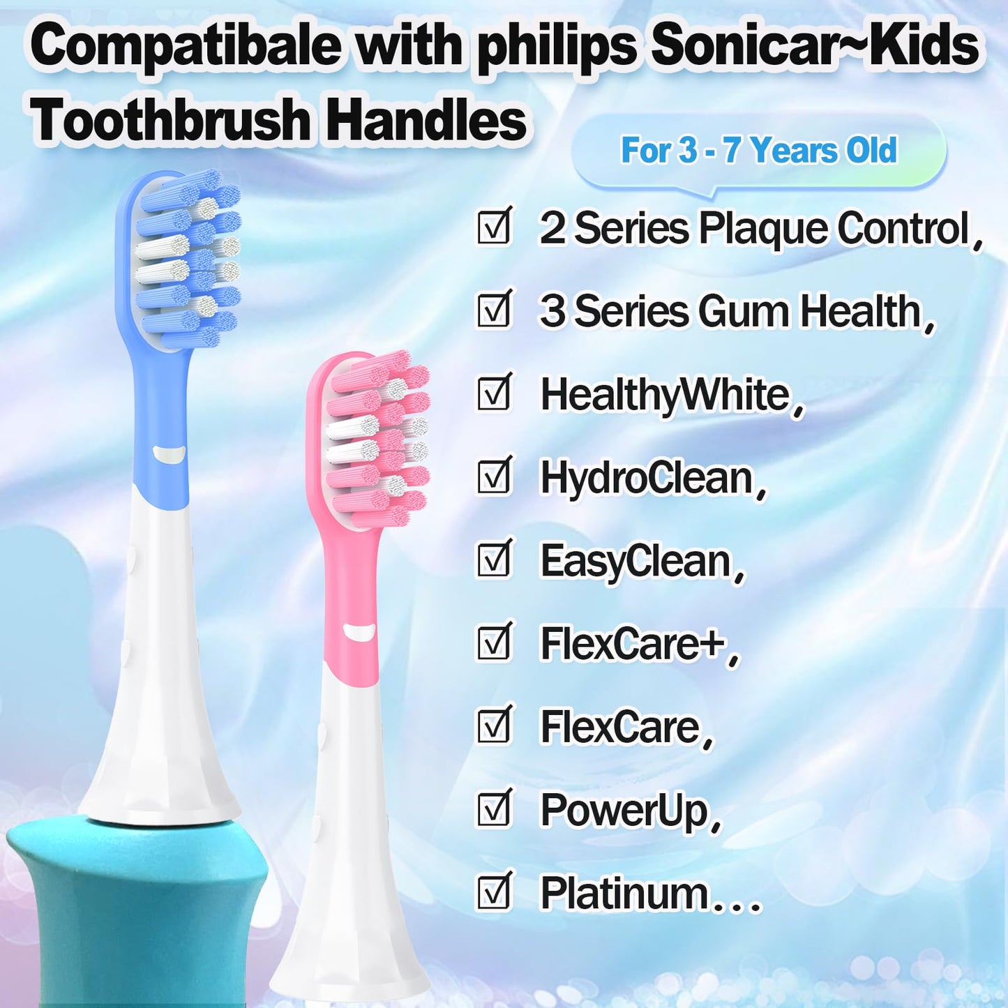 Kids Replacement Heads for Philips Sonicare 6032/94 6321 6340 6042 6320 6330, 3+ Years Old Toddler Soft Electric Toothbrush Compact, Child Brush Head for Boys Girls, 8 Pack Pink & Blue