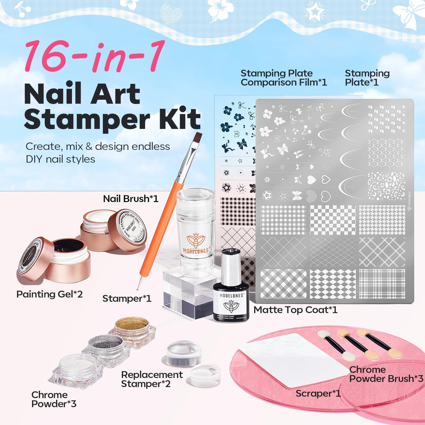 modelones 16 PCS Gel Nail Stamping Plate Set, Animal Print Nail Stamping Plate Gold Silver Pearl Chrome Powder Proof Matte Top Coat White Black Painting Gel Polish Double Head DIY Manicure Gift Kit
