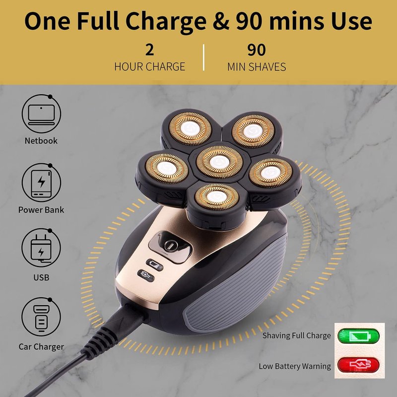 Multifunctional Head Shaver for Men - Waterproof Cordless Electric Razor Grooming Kit | Rechargeable Gold
