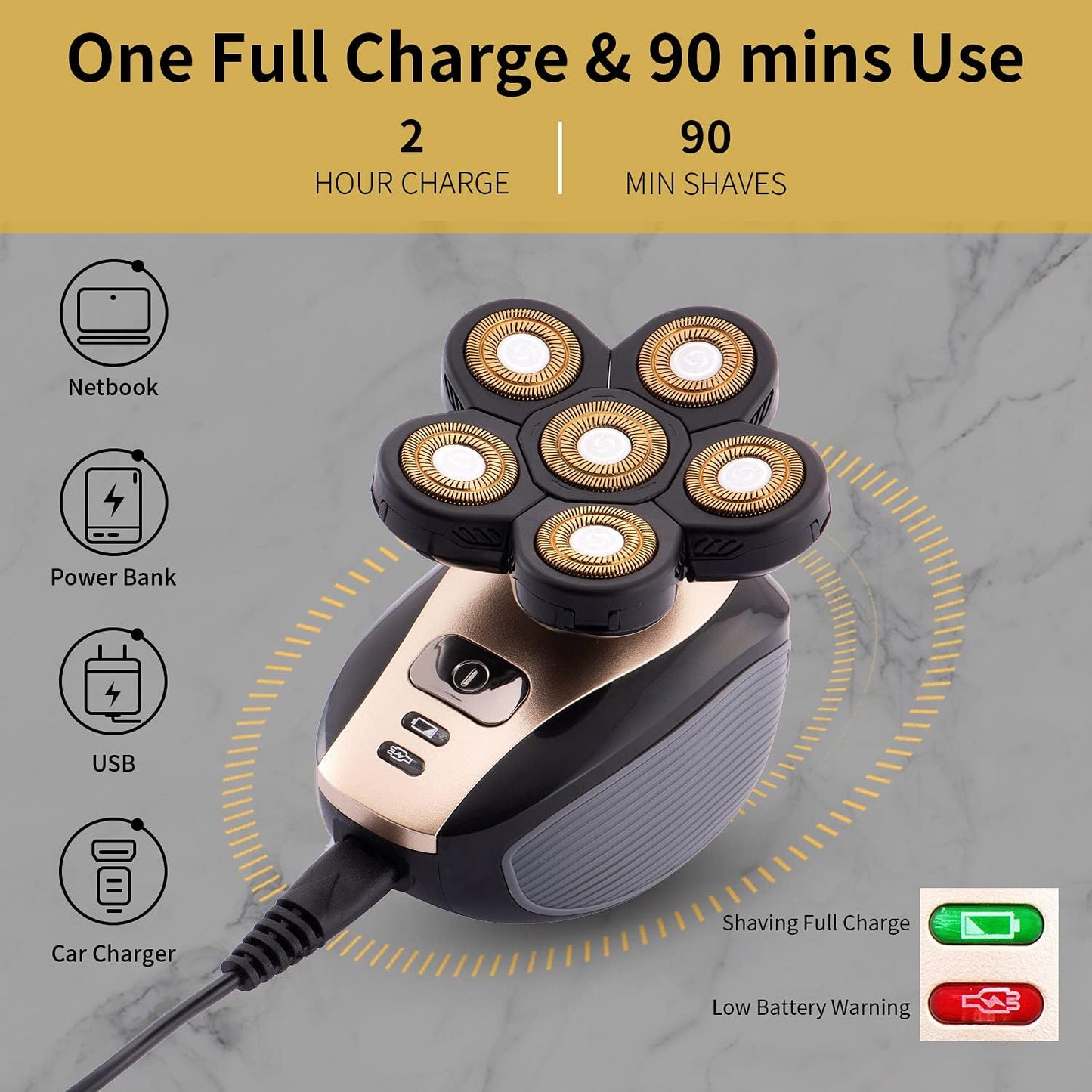 Multifunctional Head Shaver for Men - Waterproof Cordless Electric Razor Grooming Kit | Rechargeable Gold