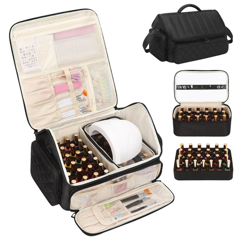 onemoky Nail Polish Organizer, Nail Organizers and Storage Bag Holds 43-65 Bottles Nail Polish and Nail Lamp, Travel Nail Tech Case Nail Bag Organizer Case for Nail Supplies & Manicure Tools, Black