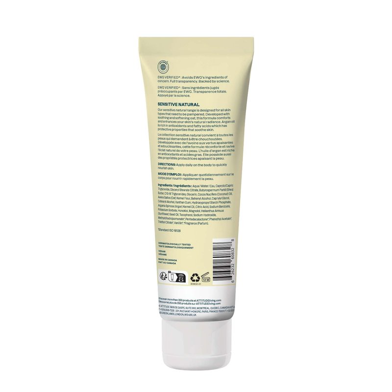 ATTITUDE Body Lotion for Sensitive Skin with Oat, EWG Verified, Dermatologically Tested, Vegan, Vanilla Cream Scent, 8 Fl Oz