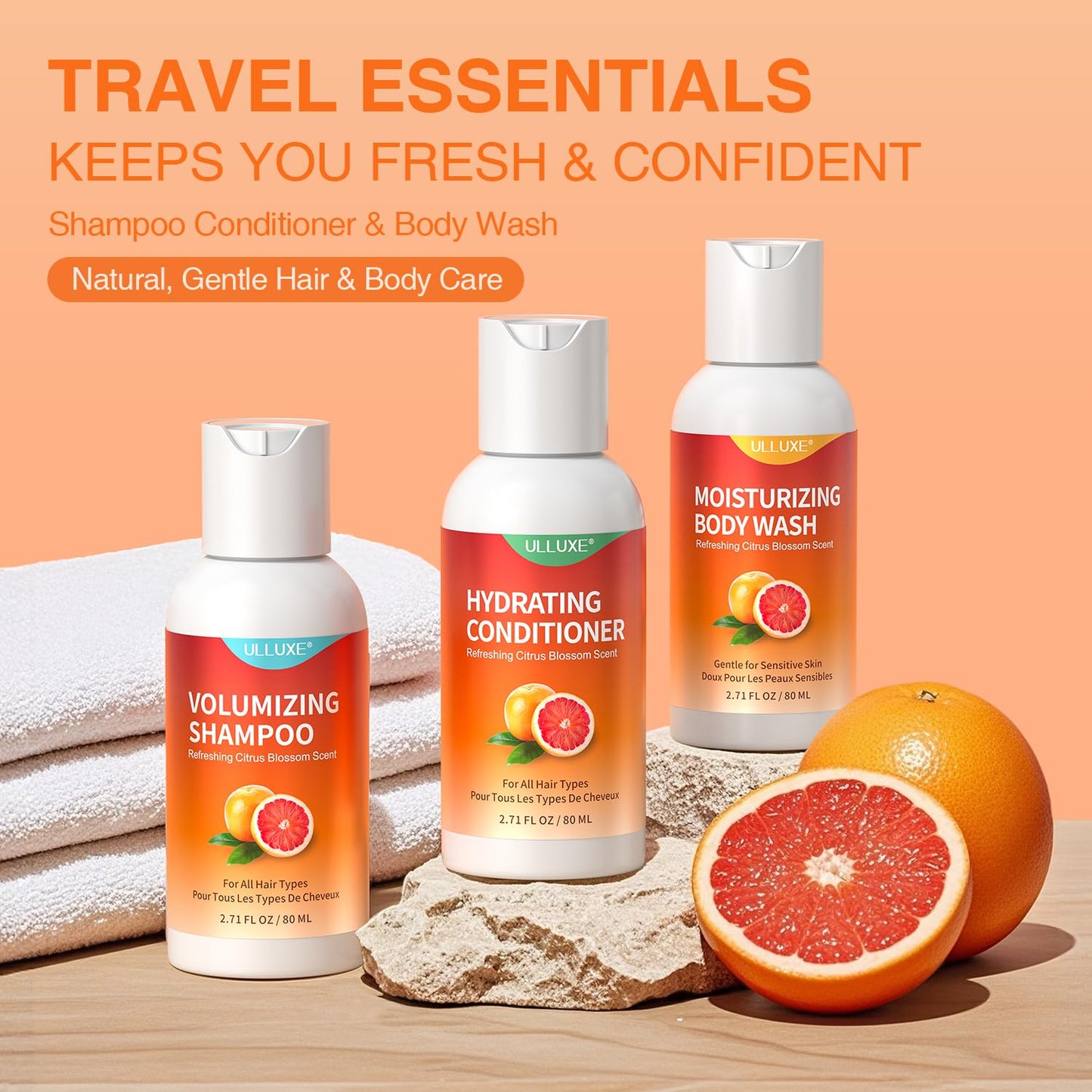 Travel Size Shampoo Conditioner and Body Wash Set, Hair Care & Body Care Trio Gift Set for Trip, Camping, Outdoor, Hotel & Gyms, Gentle For Baby, TSA Friendly Essentials, 2.71 Oz Ea