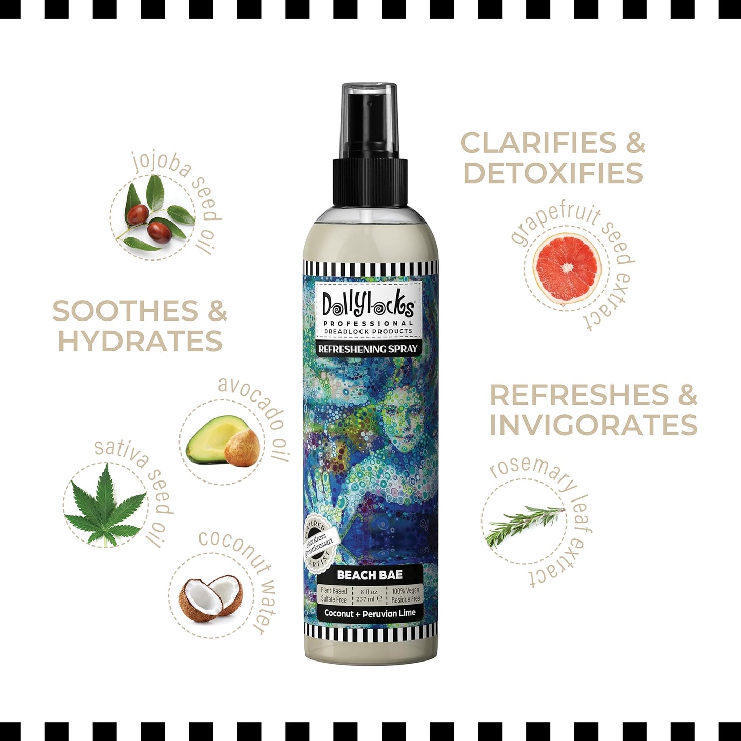 Dollylocks Refreshening Spray for Locs, Braids, Extensions, Dreadlocks | Coconut Lime | Plant-based, Residue-free, Sulfate-free | Refresh Moisturizing Scalp Relief | 8 oz