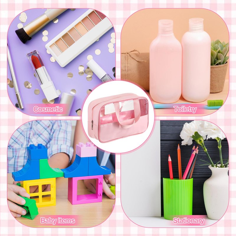 9 Pcs Translucent Make up Bag Pink Big Travel Cosmetic Makeup Toiletry Bag with Handle and Zipper Waterproof Portable Cosmetic Travels Bags for Travel Toiletries Accessories, 10.2 x 6.3 x 2.8 Inches