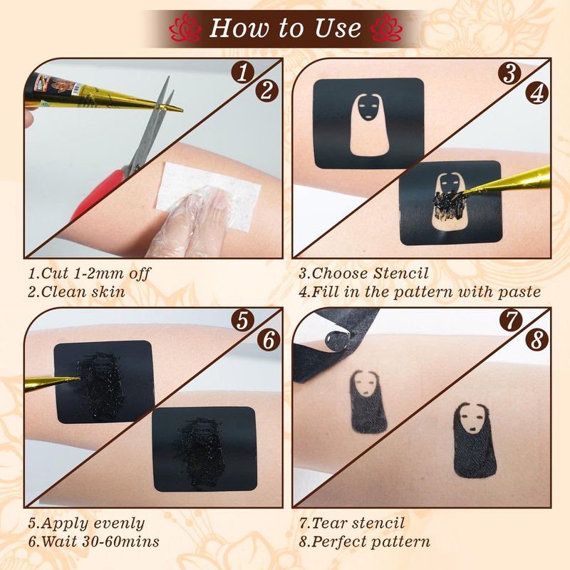 Temporary Tattoo Stencils Kit - 4 Pcs Tattoo Cones 3 Colors Ink (Brown,2* Black,Maroon) |Tattoo Stencils Kit Includes Reusable Stencils, & Gloves | DIY Body Art for Kids & Adults Party Gifts