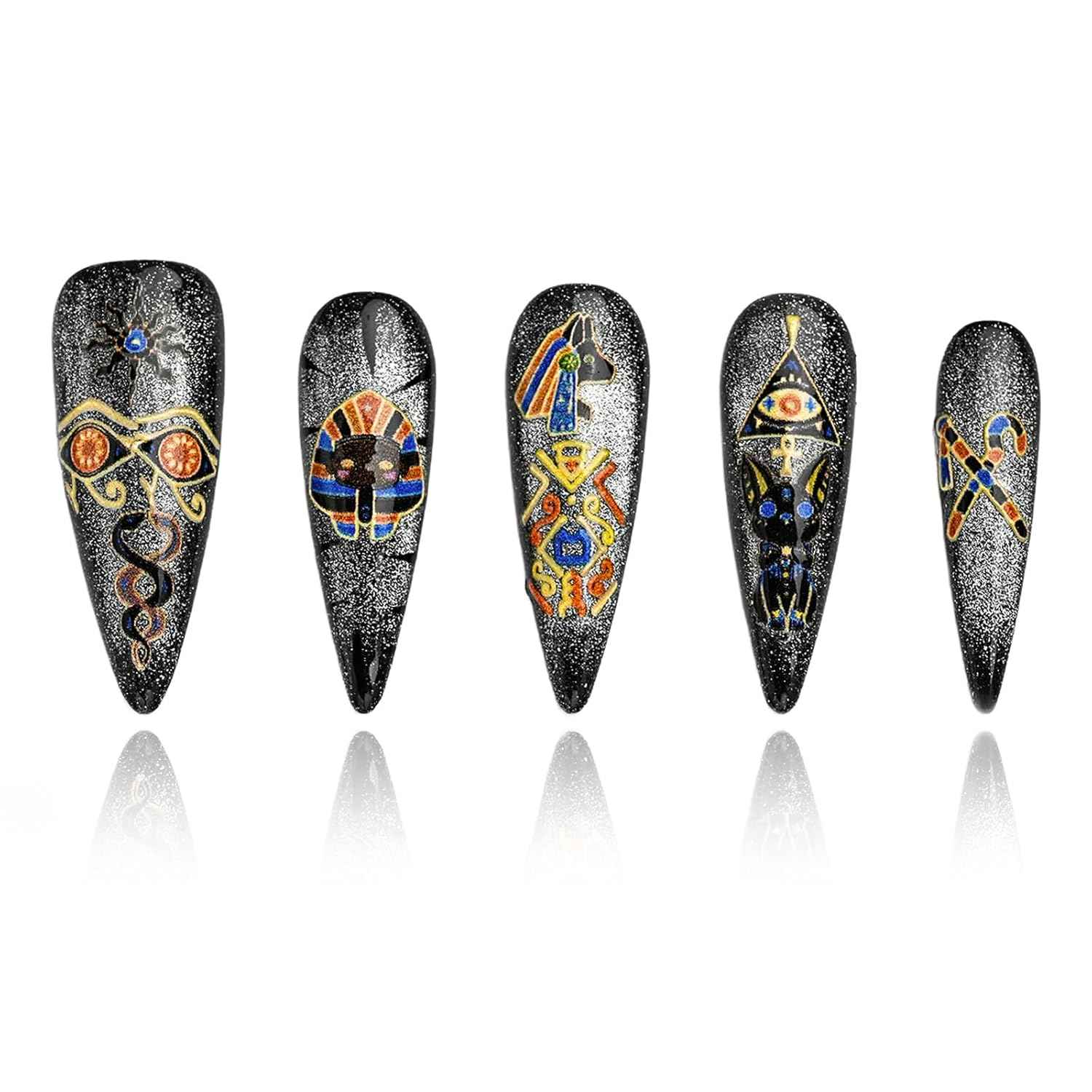 Colorful Handmade Press-On Stiletto Nails with 3D Devil Eyes - 10 Pcs Set for Women
