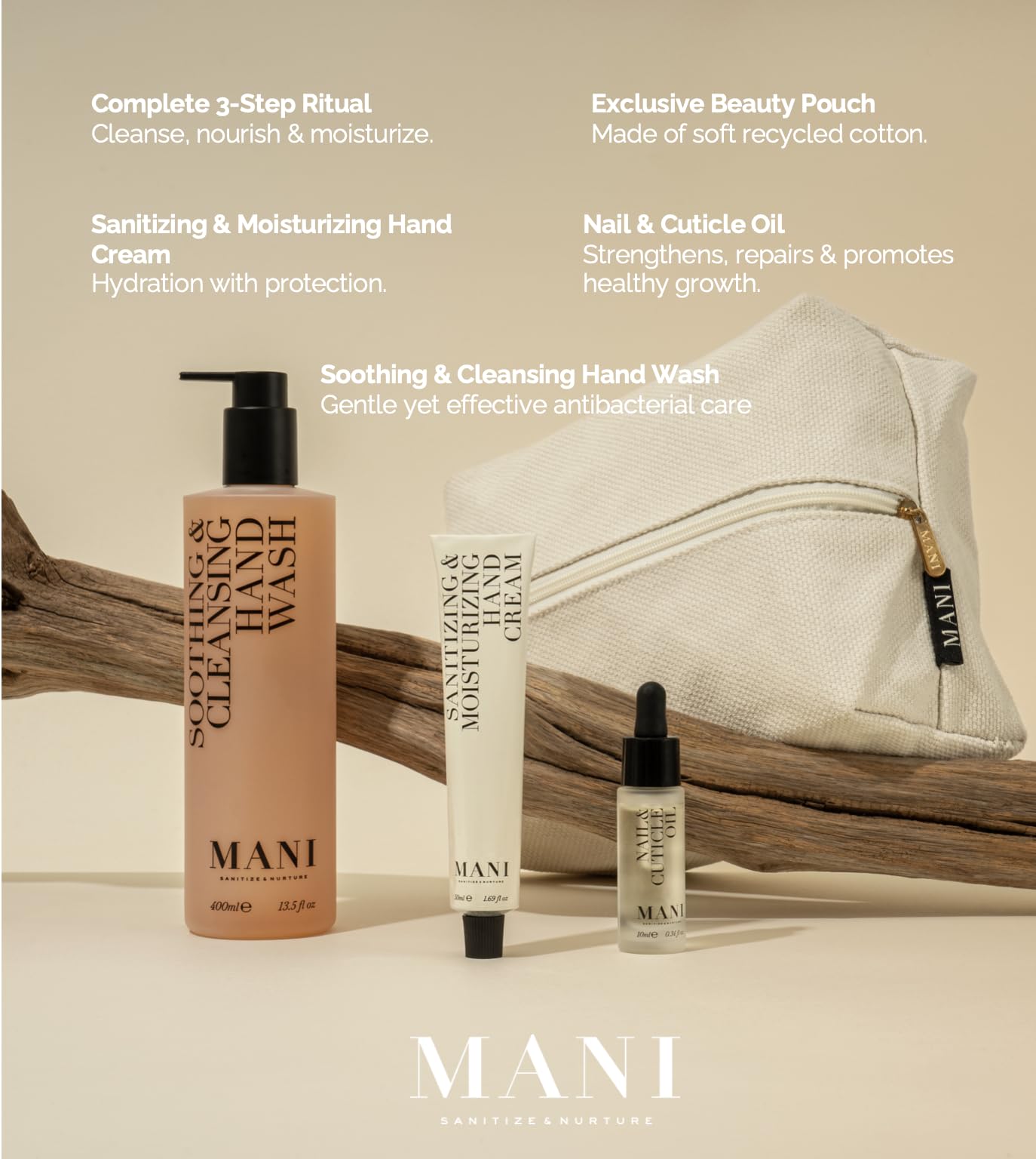 MANI Hand Treatment Set - Moisturizing Hand Soap, Nail and Cuticle Oil, Hydrating Lotion - With Jojoba Oil, Vitamin E, Hypoallergenic Fragrance - 3 pc