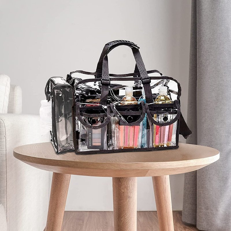 Enkrio Clear Cosmetics Bag Transparent Travel Makeup Bag with 4 External Pockets and Shoulder Strap Zippered Toiletry Carry Pouch Beach Bag