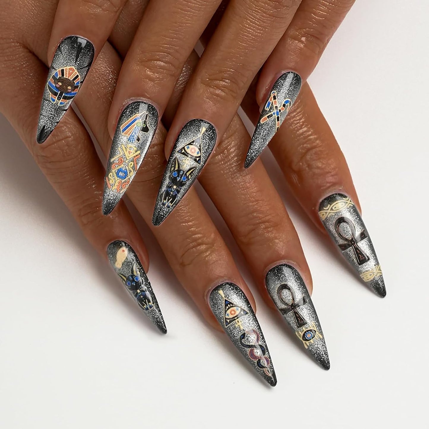Colorful Handmade Press-On Stiletto Nails with 3D Devil Eyes - 10 Pcs Set for Women