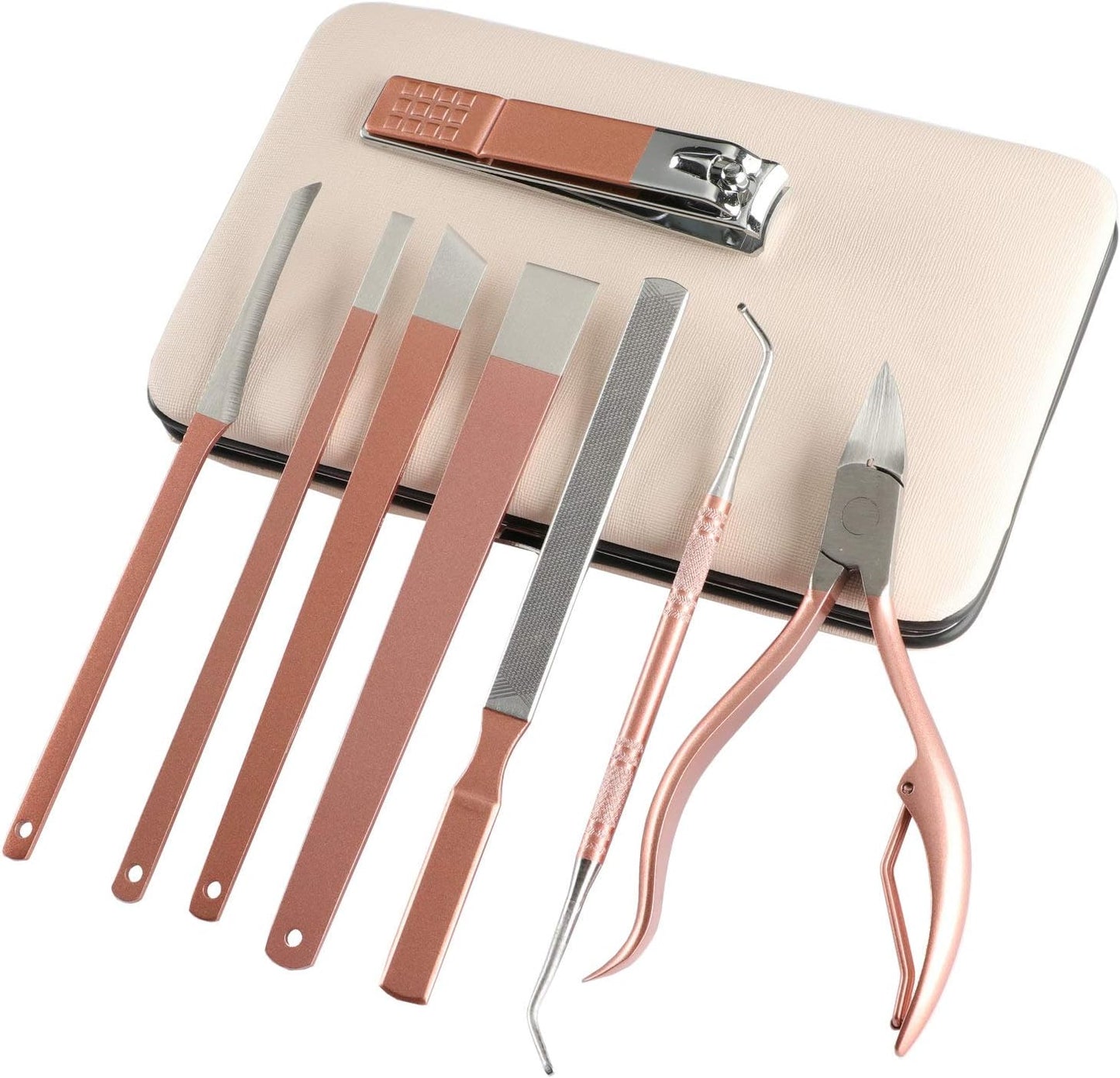 8-in-1 Stainless Steel Pedicure & Manicure Tools Kit - Erkangsm Travel Set with Toenail Nipper, Clipper & Case - Pink