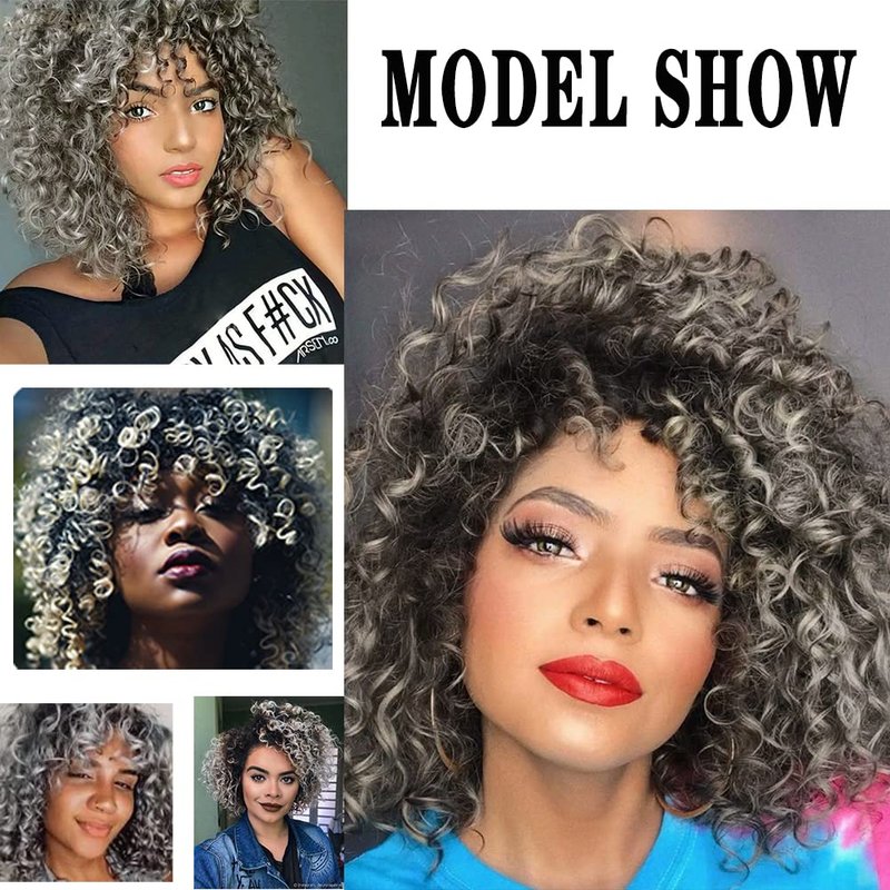 Kaneles Short Grey Kinky Afro Wig for Black Women Synthetic Mixed Gray Wigs with Bangs Hair Shoulder Length Kinky Afro Curly Wig for Daily