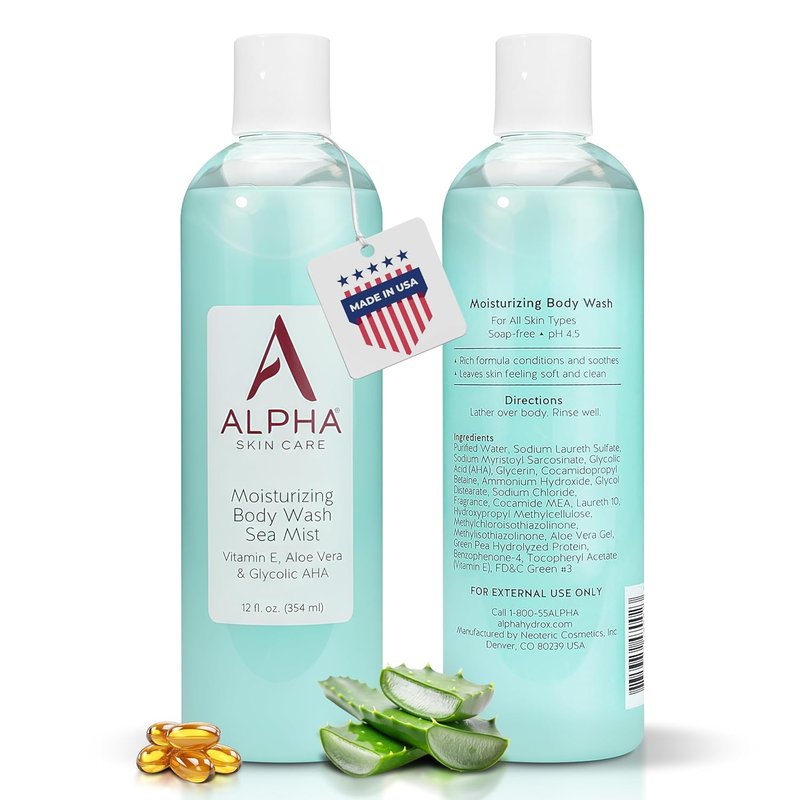 Alpha Skin Care Moisturizing Body Wash - Gentle Anti-Aging Formula with Glycolic AHA & Aloe Vera | 12 Oz